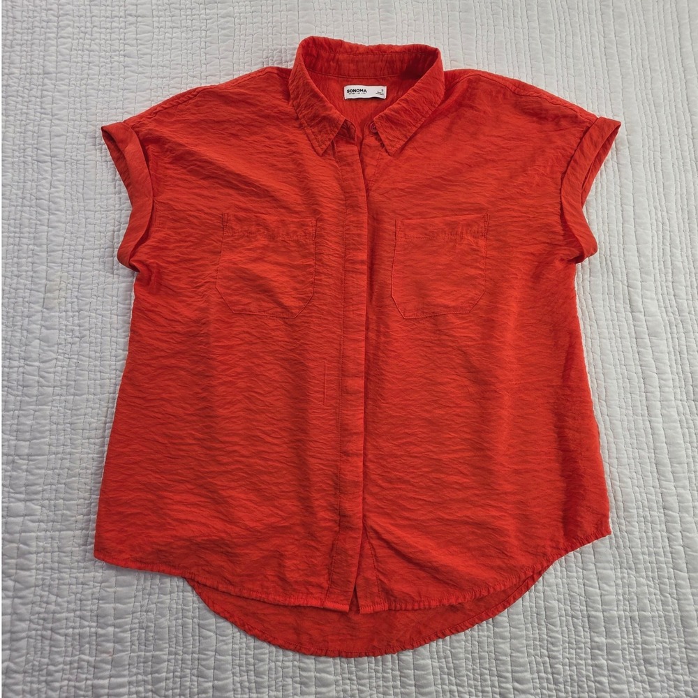 Sonoma Goods For Life Red Orange Button Down Short Sleeve Shirt EUC Womens Small
